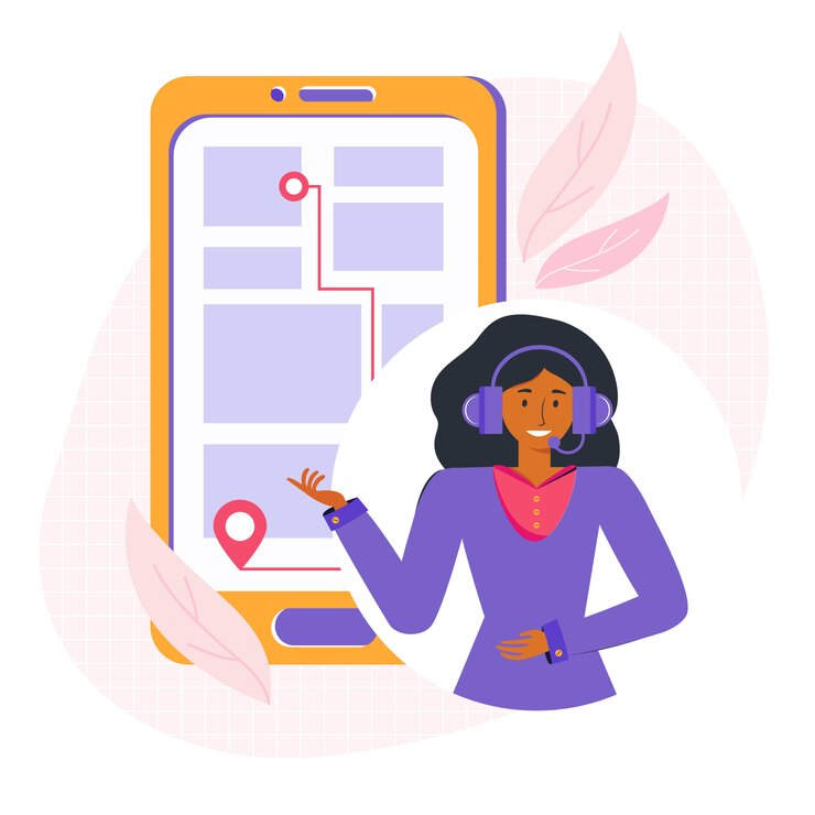 Vector logística en línea utilizando despachador y navegador. construyendo una ruta. smartphone con ruta gps. aplicación de búsqueda de mapas de navegación. el consultor en línea allana el camino hacia su destino. ilustración plana