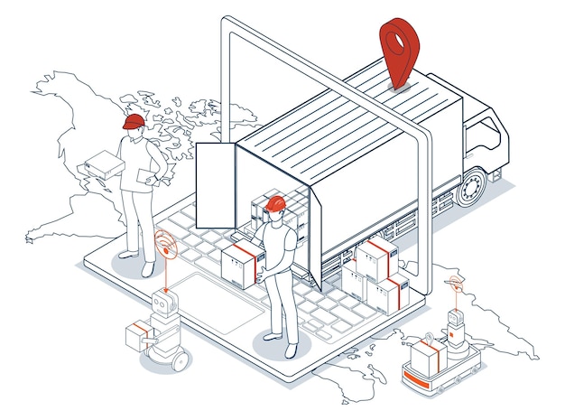 Logistics and Delivery services concept with Truck transport product boxes from suppliers to buyers streamlined by instant Laptop ordering for quick and efficient delivery