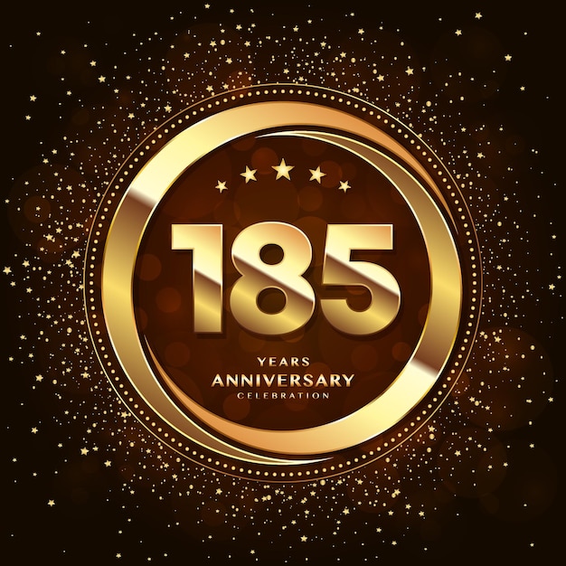 Logo del 185 aniversario con anillos dobles y letra dorada decorada con purpurina y confeti