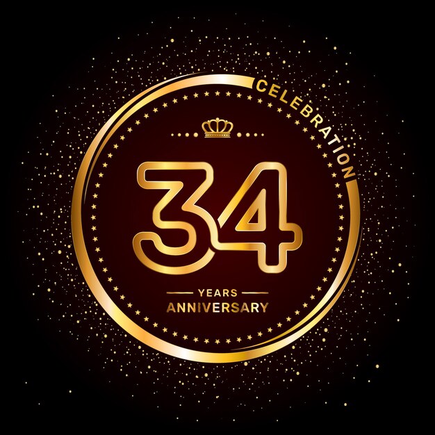 Vector logo del 34 aniversario con estilo de número de doble línea y anillo de color dorado