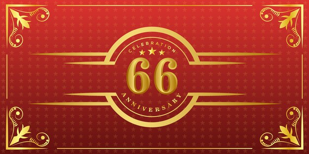 Logo del 66 aniversario con anillo dorado, confeti y borde dorado aislado en un elegante fondo rojo