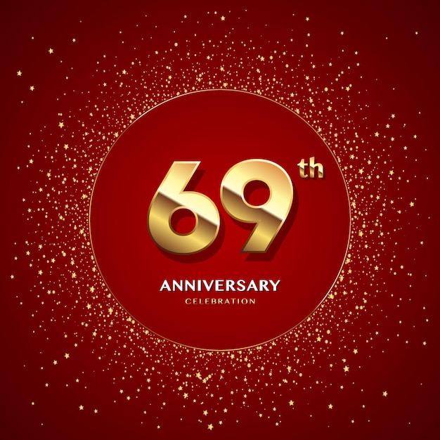 Logo del 69 aniversario con números dorados y brillo aislado en un fondo rojo