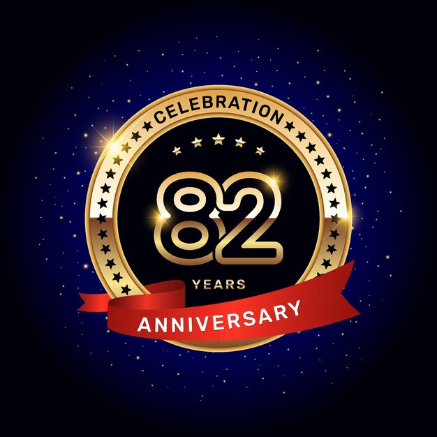 Vector logo del 82 aniversario con números dorados y cinta roja