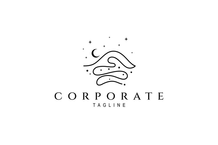 Logo abstracto de la colina en la noche decorado con luna y estrellas brillantes