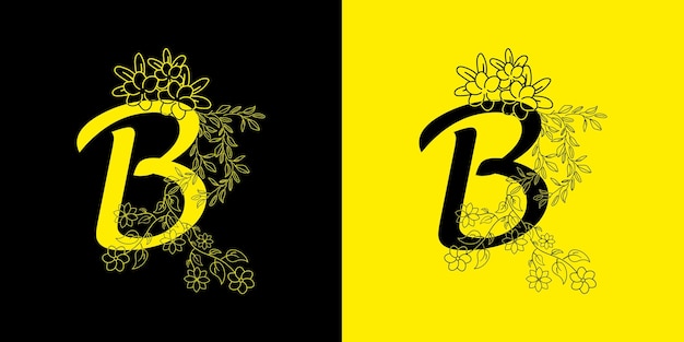 Vector un logo amarillo y negro para b con flores a la izquierda