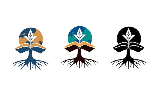 Logo árbol raíces creciente libro y planta en el fondo del vector del planeta