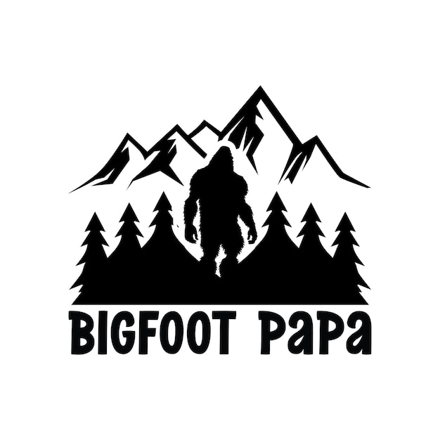 Un logo de bigfoot papa con montañas y árboles.