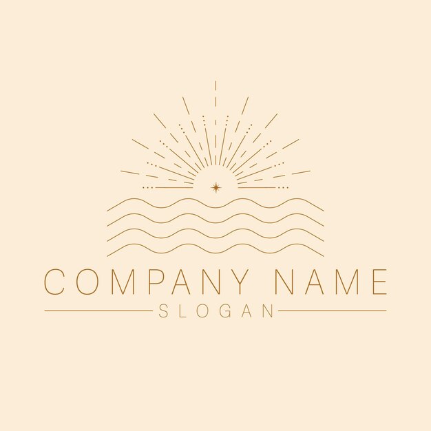 Logo bohemio con mar y sol. Logotipo del amanecer al atardecer. Plantilla de viaje de lujo.