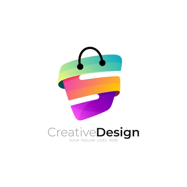 Vector logo de bolsa de compras con letra s vector de diseño 3d colorido