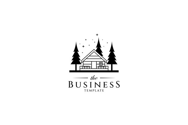 Logo de la cabaña en el bosque con pinos que crecen alrededor y decorados con estrellas brillantes