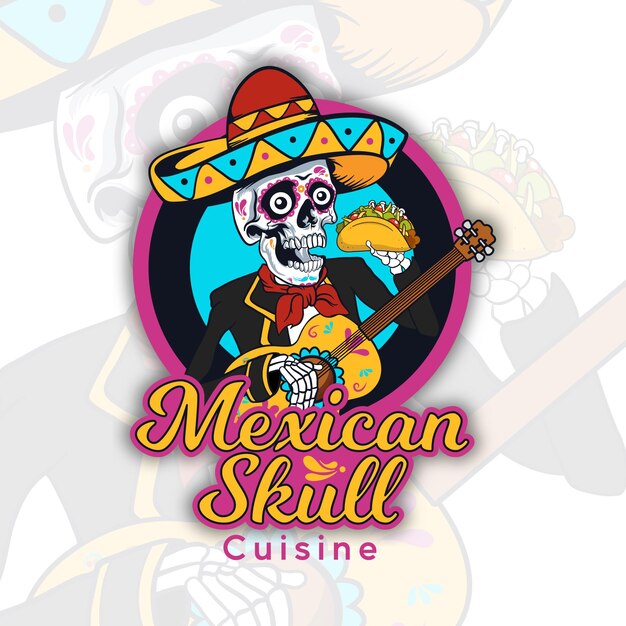 Vector un logo de calavera mexicana con un hombre mexicano jugando un taco.