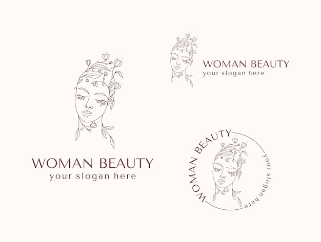 Logo Cara de mujer con flores Ilustración de lineart vectorial de mujer Logotipo de belleza femenina elegante Logotipo minimalista de arte de línea de mujer Impresión botánica