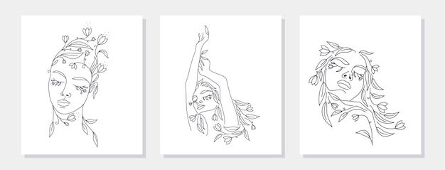 Logo Cara de mujer con flores Ilustración de lineart vectorial de mujer Logotipo de belleza femenina elegante Logotipo minimalista de arte de línea de mujer Impresión botánica
