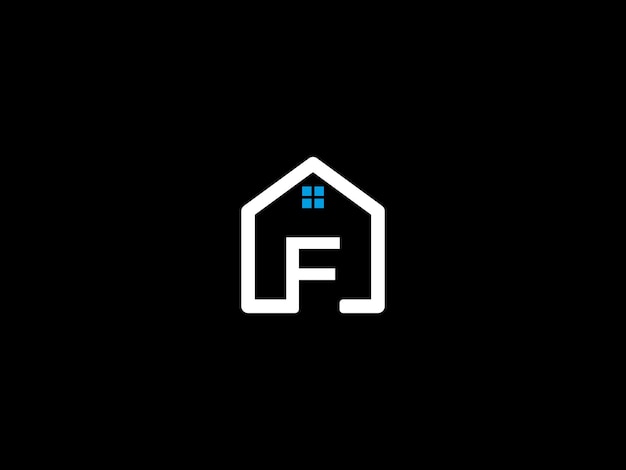 El logo de una casa en blanco y negro con una casa azul y la letra f sobre un fondo negro