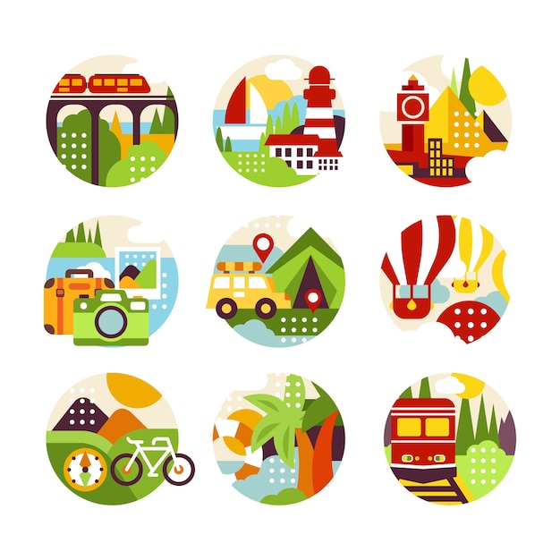Del logo de círculo natural con paisaje, vista a la ciudad y diferentes tipos de vehículos con estilo. elementos coloridos para agencia de viajes, infografía o etiqueta. ilustración