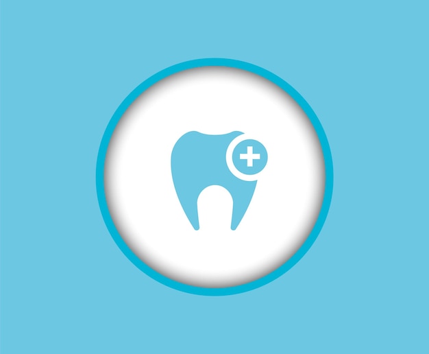 El logo de una clínica dental para tratamiento dental en un fondo azul, un icono de diente blanco con un plu