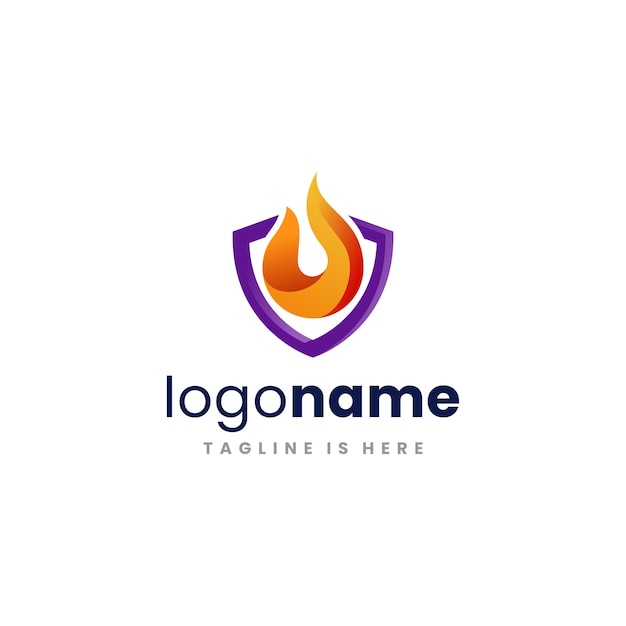 Un logo degradado con un fuego y un escudo.