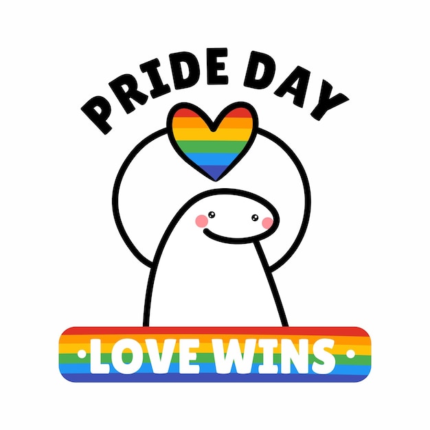 Un logo del día del orgullo con un arcoíris y un animal sonriente con un corazón.