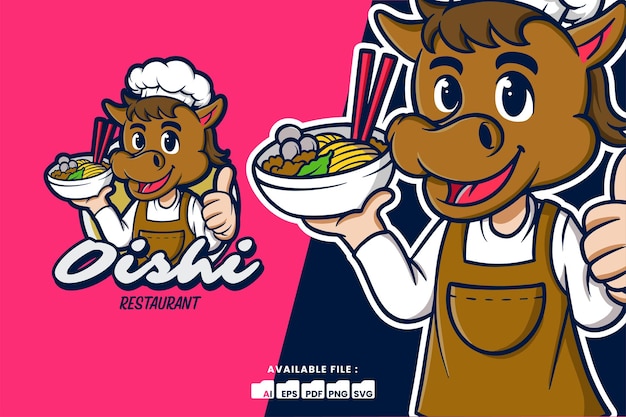 Logo de dibujos animados de mascota de chef de caballo con ramen