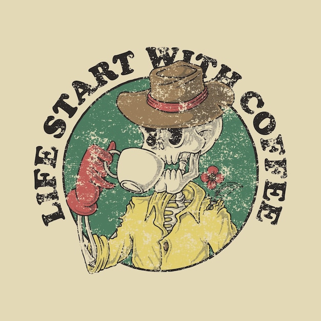 logo de dibujos animados retro de esqueleto sosteniendo una taza de café