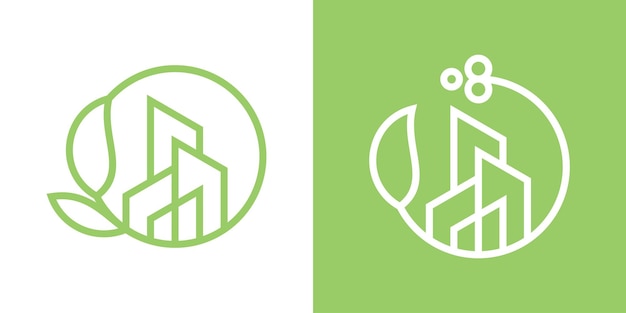 Logo diseño ciudad greeningbuilding y hojas logo diseño icono vector ilustración