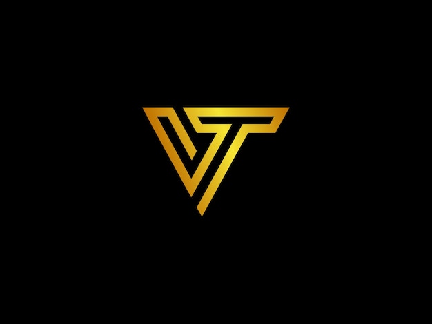 Logo dorado y negro con la letra vt sobre fondo negro