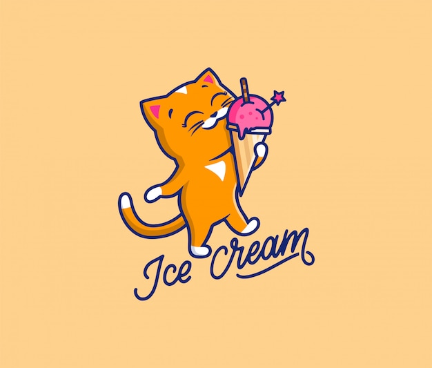 El logo dulce gato con helado de texto. logotipo de alimentos