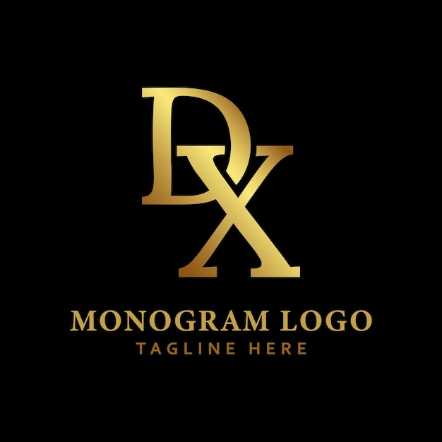 Un logo dx negro y dorado con un fondo negro