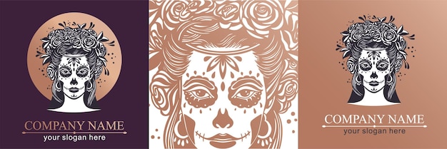 Logo en estilo Calavera Dia de los muertos El día de los muertos es una fiesta mexicana Chica con flores en el pelo y Mujer con calavera de azúcar maquillada