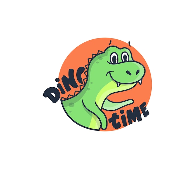 Vector el logo con la frase de letras - dino time. dinosaurio caricaturizado en el círculo naranja.