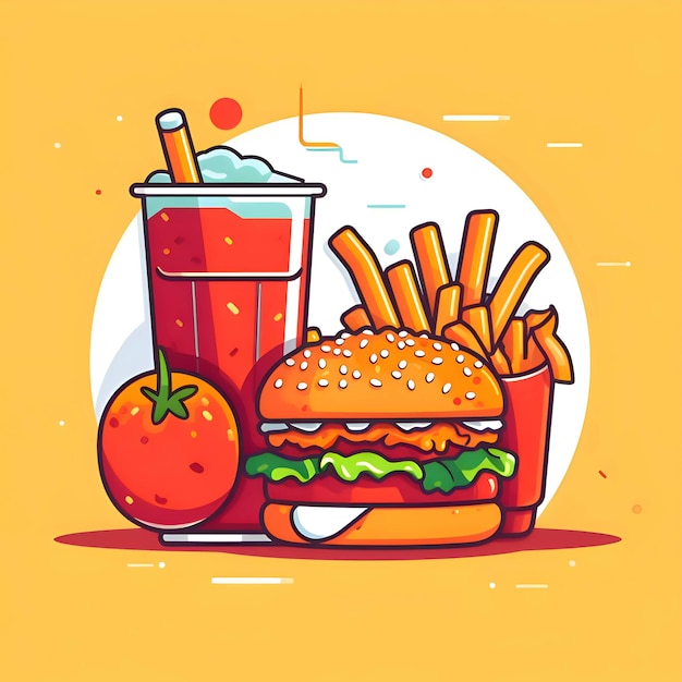 Logo hamburguesa cola y papas fritas sobre un fondo amarillo