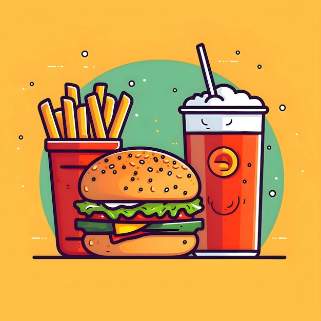 Logo hamburguesa cola y papas fritas sobre un fondo amarillo