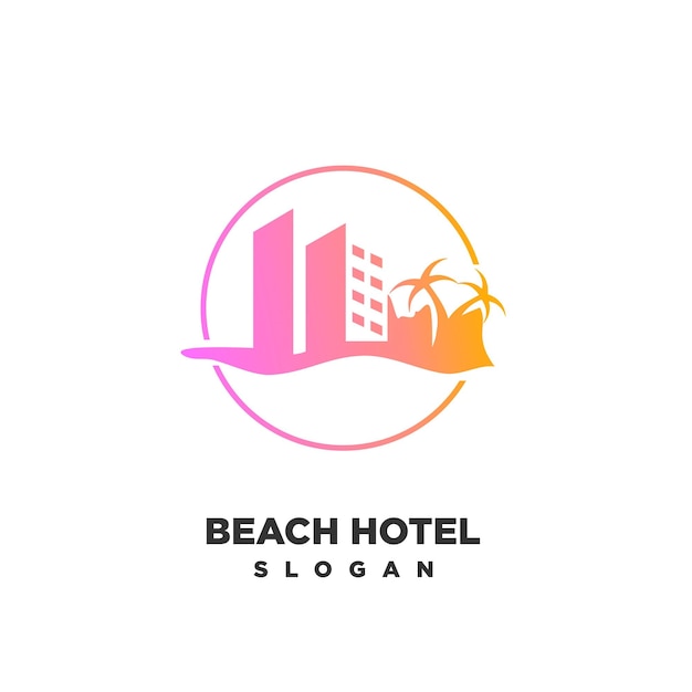 Logo del hotel de playa con una palmera y un edificio