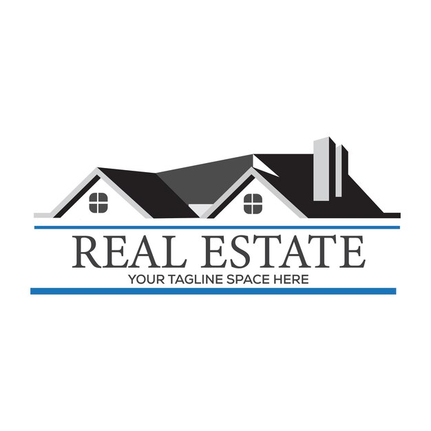 Un logo inmobiliario con una casa y una casa al fondo