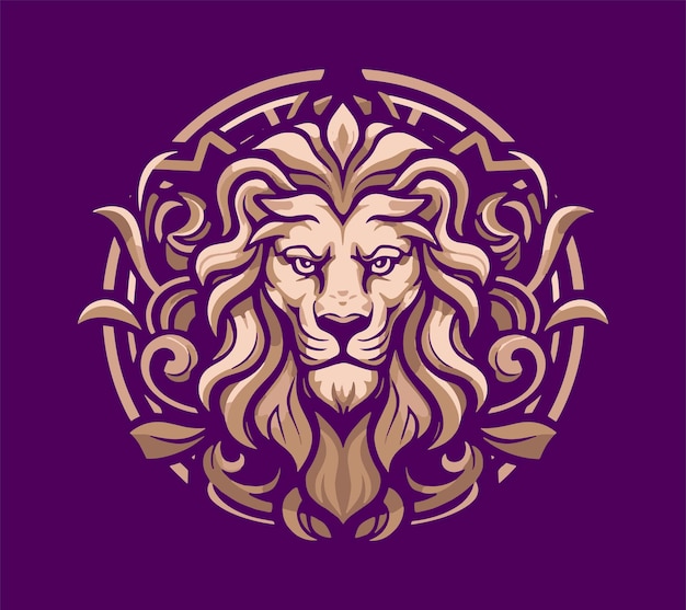 Un logo de león con un fondo morado.