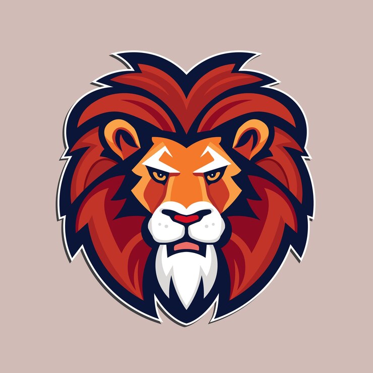 Un logo de león con una melena roja y una cara blanca.
