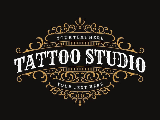 Vector logo de letras vintage de estudio de tatuaje con marco ornamental decorativo