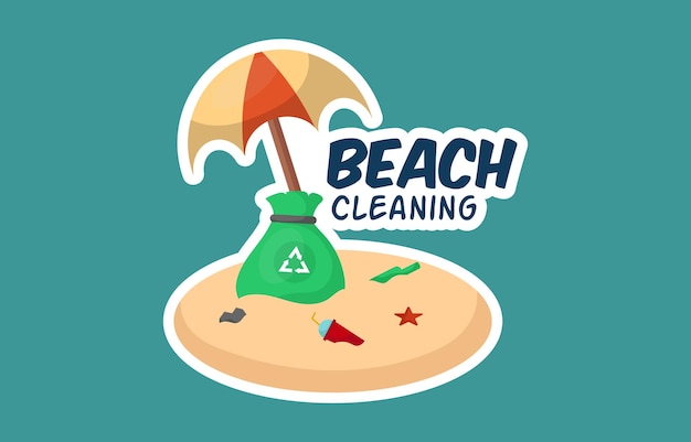 Un logo de limpieza de playas con una bolsa de playa en la arena