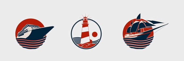 Logo marítimo y de vela con ilustración de crucero o crucero y velero