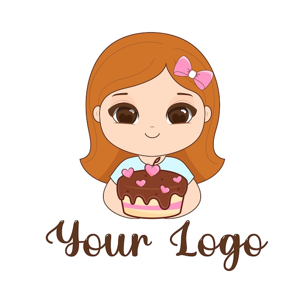 Logo de la mascota de la chica linda con pastel Ilustración vectorial
