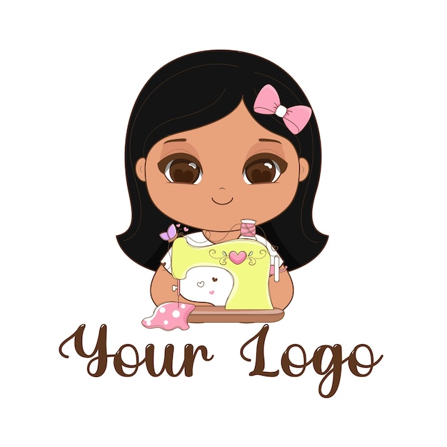 Logo de la mascota de la chica con máquina de coser Ilustración vectorial