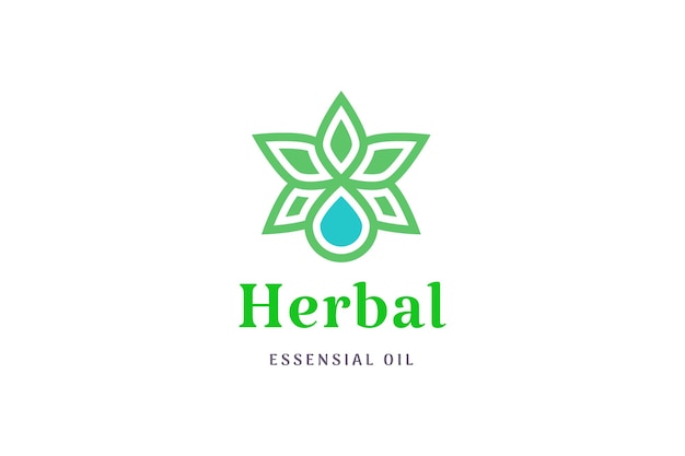 Vector logo minimalista de hierbas con forma de hoja y gota de aceite