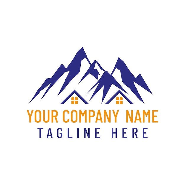Un logo de montaña azul con montañas en él