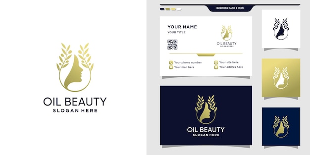 Logo de olivo con rostro de mujer. diseño de logotipo y tarjeta de visita de oil beauty vector premium