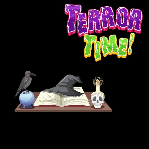 Logo de palabra Terror Time con objetos de brujas