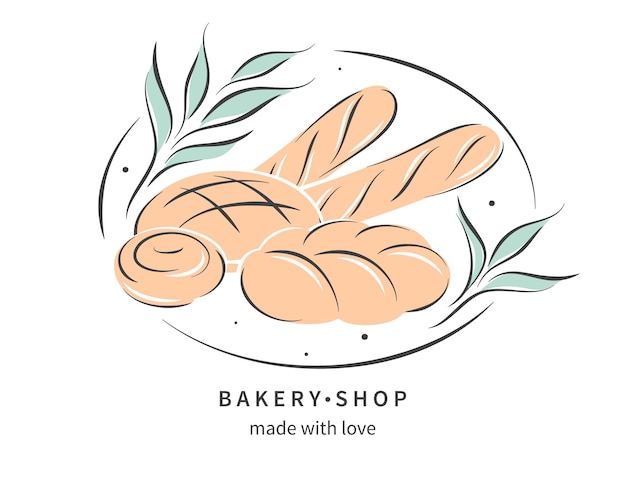 Logo de la panadería con productos de panadería hechos a mano, baguette y pan.