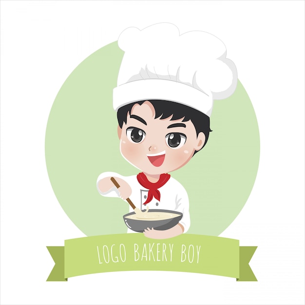 Vector el logo del pequeño chef de panadería es feliz, deliciosa y dulce sonrisa y cocina horneado,