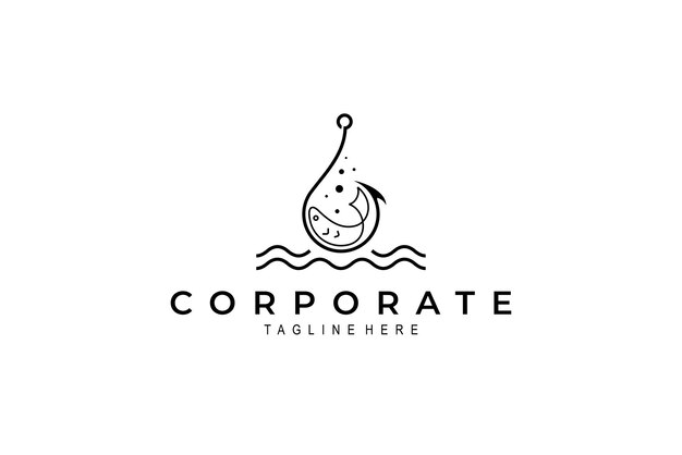 Logo de pesca con pez anzuelo y concepto de agua de onda