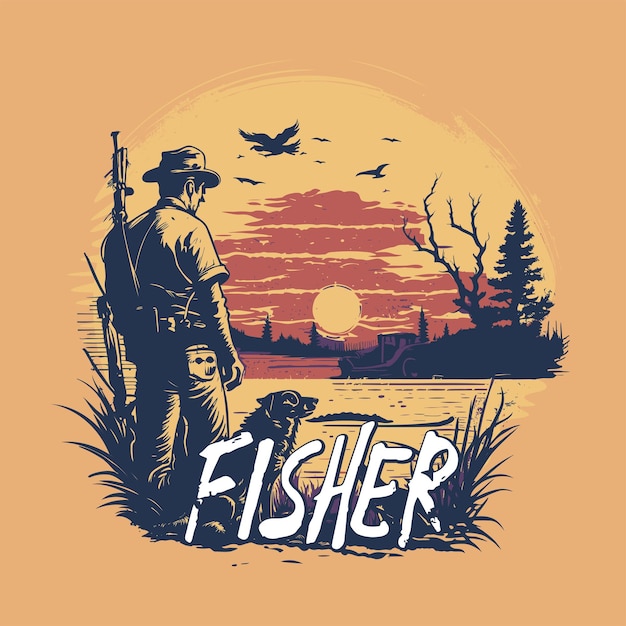 Logo de pescador naranja para diseño de camiseta