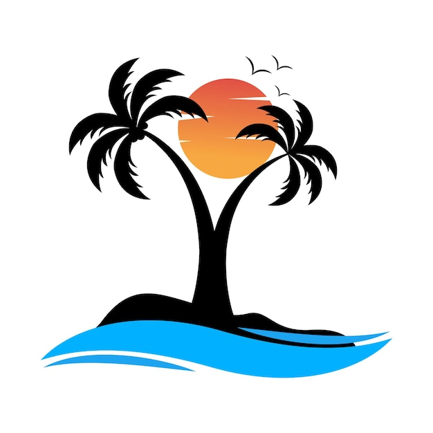 Un logo para una playa con una palmera y el sol.